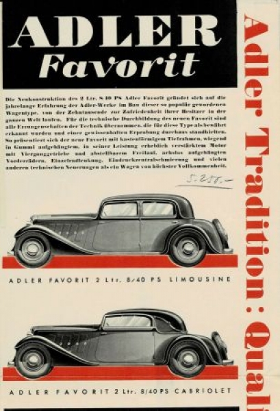 Adler Standard 8 Gropius Limousine Modellprogramm 1934  "Adler baut" Automobilprospekt (7012)